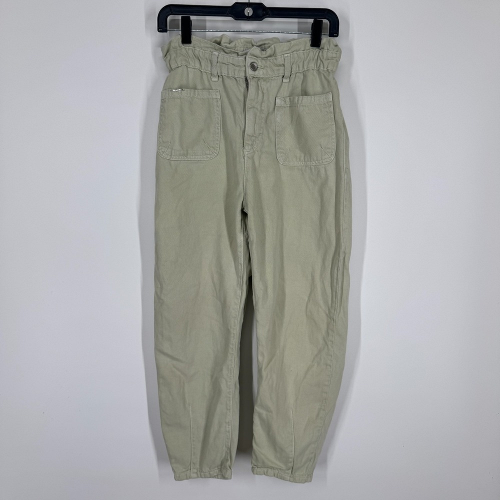 Zara Pants Womens 8 Beige Green Khaki High Rise Paperbag Cropped 24" Inseam